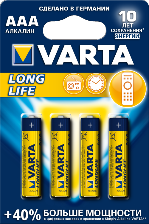 Батарейки VARTA LONGLIFE AAA бл. 4 (рус.)